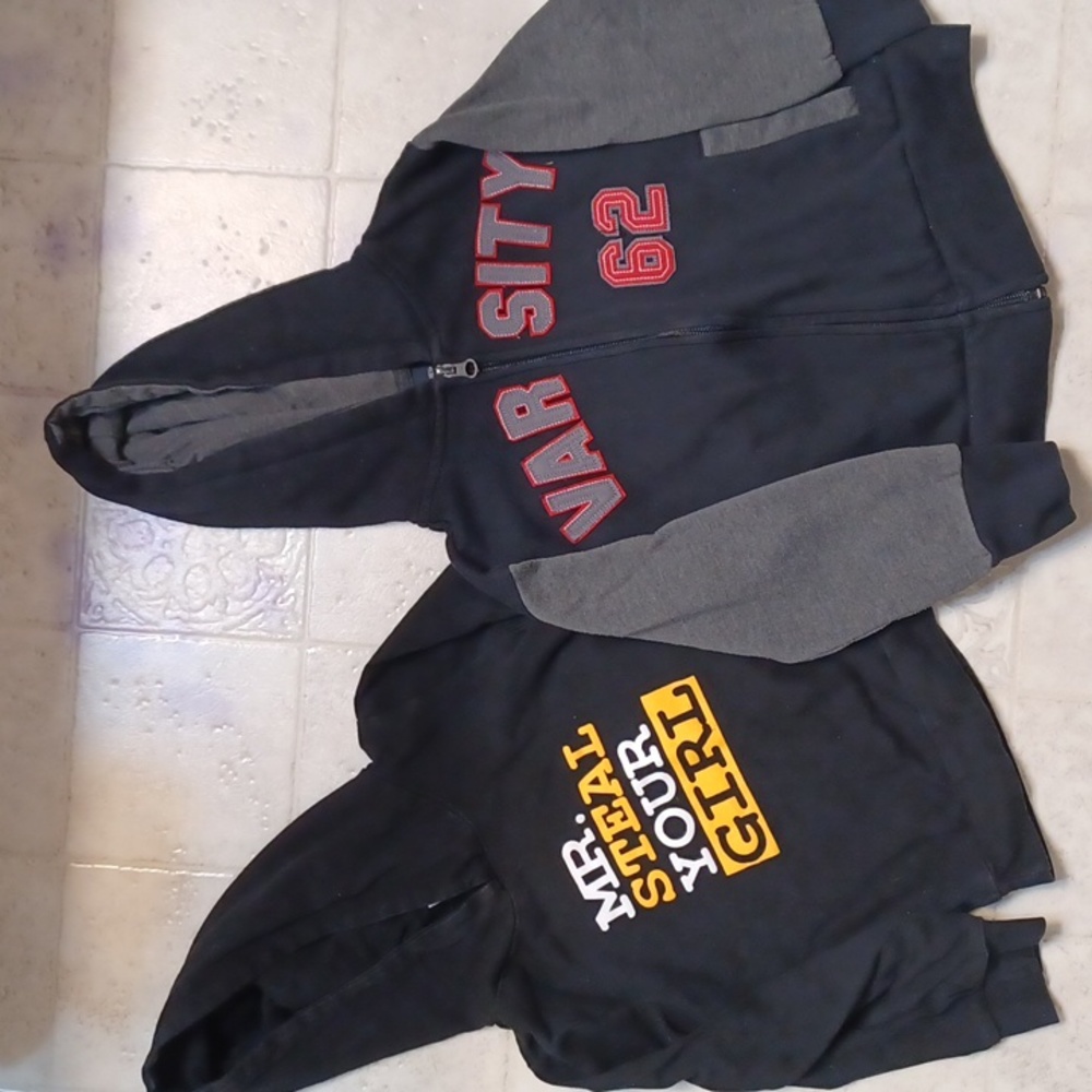 2 Boys Mostly Black Sweatshirts size 4/5 or XS, 1 pullover & 1 zip up